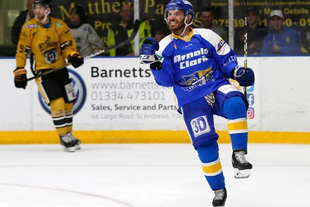 Carlo Finucci celebrates his short-handed strike in the 7-5 win over Nottingham Panthers. Pic: Steve Gunn