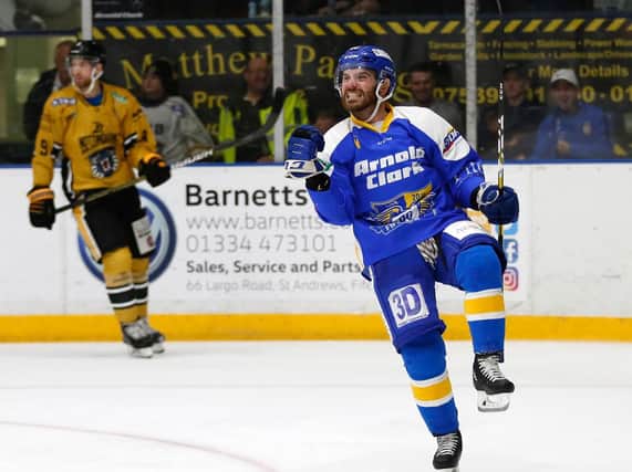 Carlo Finucci celebrates his short-handed strike in the 7-5 win over Nottingham Panthers. Pic: Steve Gunn