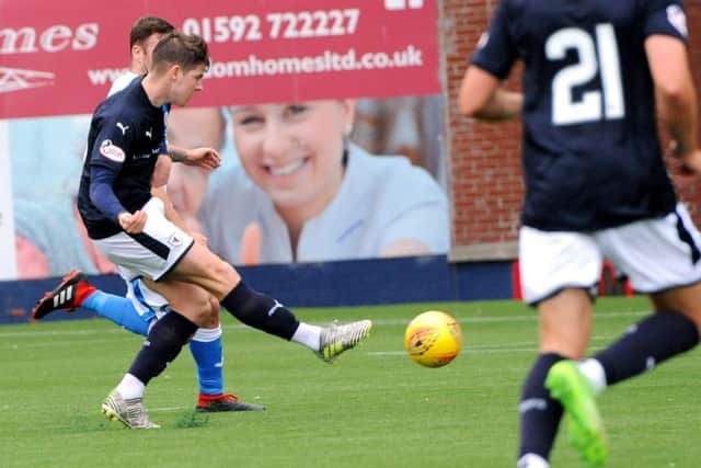 Kevin Nisbet scores his second goal against Stranraer last weekend (Fife Photo Agency)