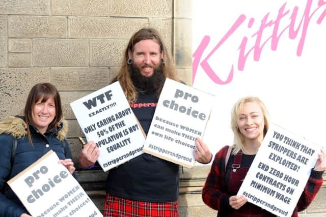 Town Square - Kirkcaldy - Fife -  Pro Sin strip bar - Ambrose Stanyer-Hunter with Rachel & Abbi  (Pic:  Fife Photo Agency)