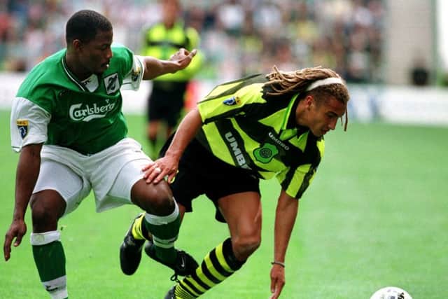Tony Rougier playing for Hibs against Celtic's Henrik Larsson (Pic: Ian Rutherford./TSPL)
