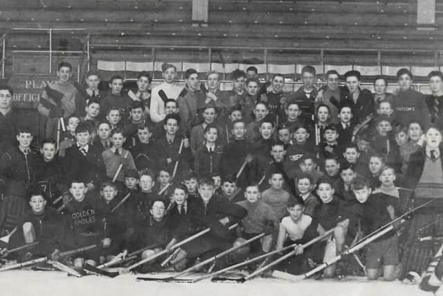 Early photo of junior ice hockey players at Kirkcaldy Ice Rink - posisbly 1940s.