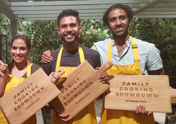 Mitesh Mistry, centre, won the BBC2 Family Cooking Showdown with his wife Prachi Mistry, left, and his nephew Anup Mistry, right