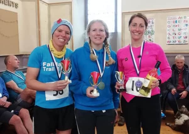 The FTR female trio who made a clean sweep of the first three places in the Silvery Tay Trail Race, Susanne Lumsden, Hailey Marshall and Zoey Johnston.
