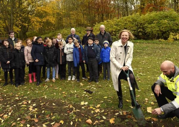 Lesley Laird MP planted five tree saplings to mark the Queens Commonwealth Canopy, watched by pupils from Kirkcaldy West PS, representatives from Greener Kirkcaldy and Growing Kirkcaldy. Pic: Walter Neilson