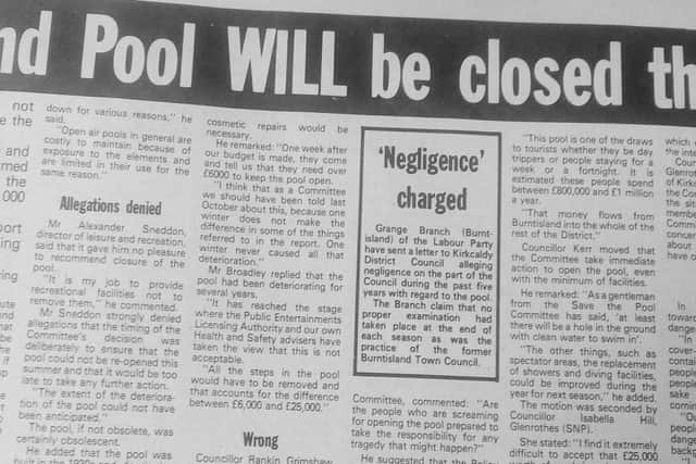 1979, the closure of Burntisland open air swimming pool makes the headlines in the Fife Free Press