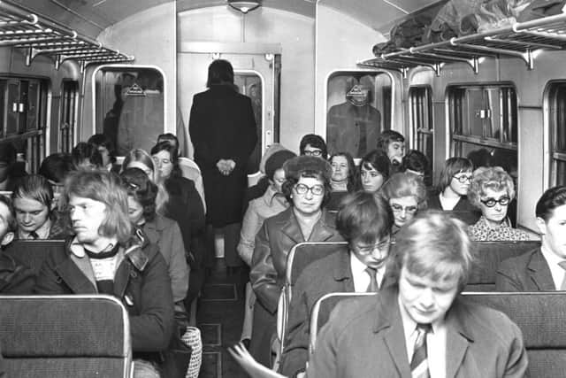 Rail passengers on a train from Kirkcaldy in October 1973.
