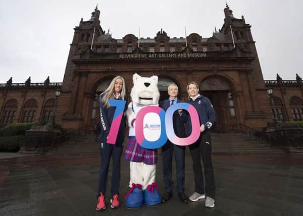 Eilish McColgan, Scottee, Billy Garrett (Director at Glasgow Life), and Eilidh Doyle mark 100 Days to Go until the 35th European Athletics Indoor Championships in Glasgow. Pic by SNS.