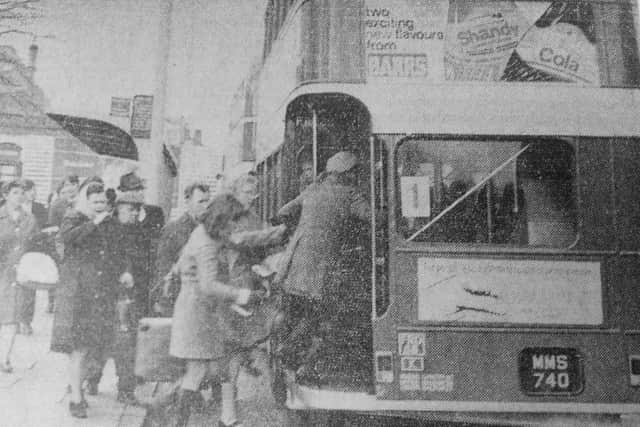 Fife Free Press 1970 - Picture shows folk running for a bus the day after the industrial action ended.