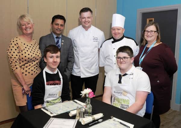 (Left to right, back row) Sharon Munro, Senior Vice President of Kirkcaldy Rotary Club, Gobinda Kharel, owner and chef at the Annapurna Gurkha, Eadie Manson, Culinary Arts Lecturer at Fife College, James McKay, Head Chef at Pettycur Bay Hotel, Lindsey Robertson, Curriculum Manager for Culinary Arts and Hospitality, (Left to right, front row) Mackenzie Graham and Jake Ramsey.  (pic by George Mcluskie)