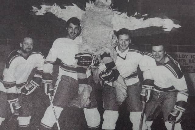 Fife Flyers launch The Burrd mascot in 1985. It had flashing lights in its helmet and stuck its tongue out at opposing players who took penalties. At the launch are players Dougie Latto, Tod Bidner, Danny Brown, Ron Plumb.
