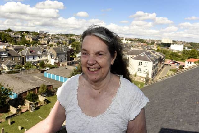 Rosemary Potter at top of the Old Kirk's tower (pic by Walter Neilson)
