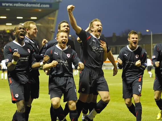Raith players celebrate Mark Campbell's opener in the 2-1 win over Dunfermline on January 2, 2011. Pic: Neil Doig