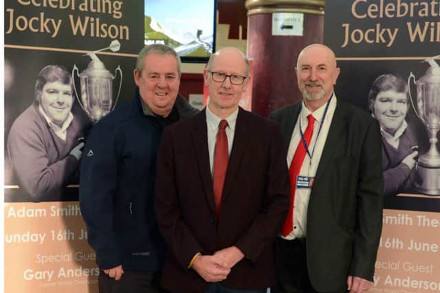 Launching Celebrating Jocky Wilson are Bill Harvey (Kirkcaldy4All), Alistair Cameron, and Councillor Neil Crooks (Pic: George McLuskie)