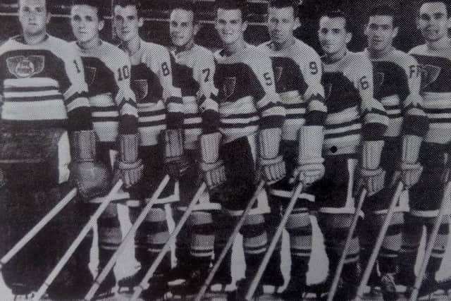 Fife Flyers 1947-48. From left:  O'Rourke, Floyd Snider, Hochberg, Good, Fowler, Londry,Hawkins,. Bradbury, Scholtz, Bud Scrutton, Ryan