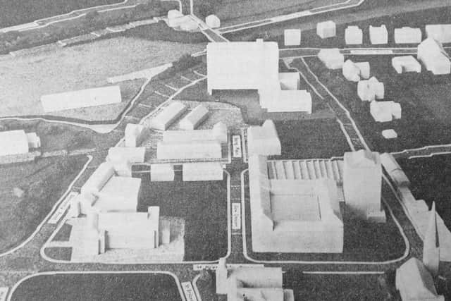 Carlyle House, Kirkcaldy - plans for a nine-storey office development (top of pic) which was meant to be one of the possible bases for the newly created Fife Regional Council..