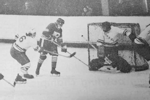 Fife Flyers 1974 - Chic Cottrell scoring one of six goals in Fife Flyers 17-3 demolition of Glasgow Dynamos at Kirkcaldy Ice Rink (Pic: Fife Free Press)