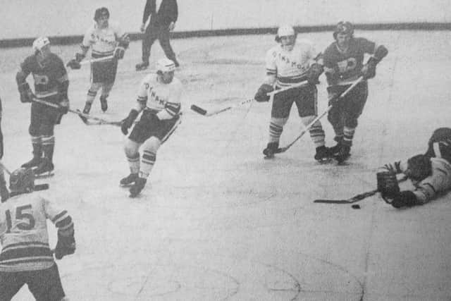 Fife Flyers 1974 - Les Lovell scores in a 10-4 win over Glasgow Dynamos.