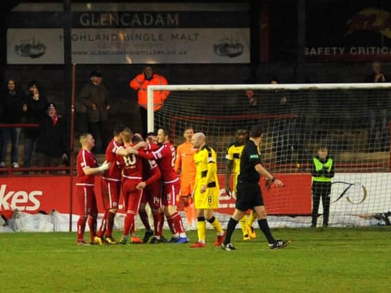 Brechin celebrate Euan Smith's equaliser. Pic: Fife Photo Agency