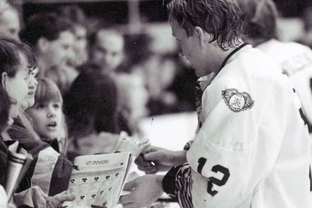Fife Flyers CHAS fundraising night from 1990s - Steven King signing autographs during the post-game event