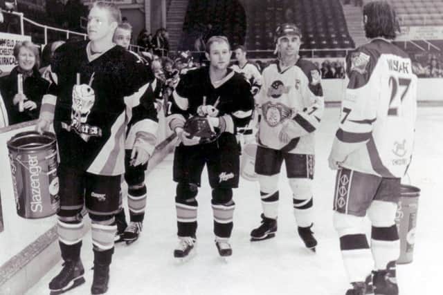 Fife Flyers CHAS fundraising night circa 1997/98 - staged with support from rivals Paisley Pirates. Players on ice include Frank Morris and Gary Wishart