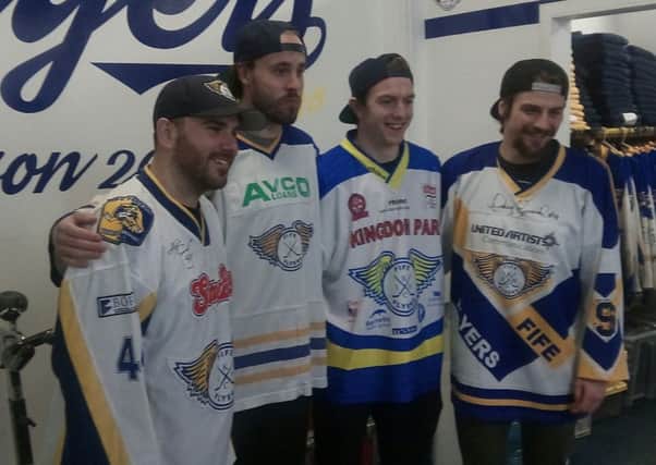 Fife Flyers players Carlo Finucci, Brett Bulmer, Craig Moore and Ricky Birzins in tops from the past three decades to promote the club's retro fundraiser for CHAS (Pic: FFP)