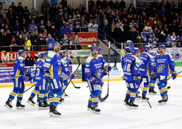 Fife Flyers players soak up the atmosphere after the win over Glasgow. Pic: Steve Gunn