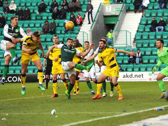 Euan Murray heads home Raith's consolation goal in the 3-1 defeat at Hibs in the Scottish Cup. Pic: Fife Photo Agency