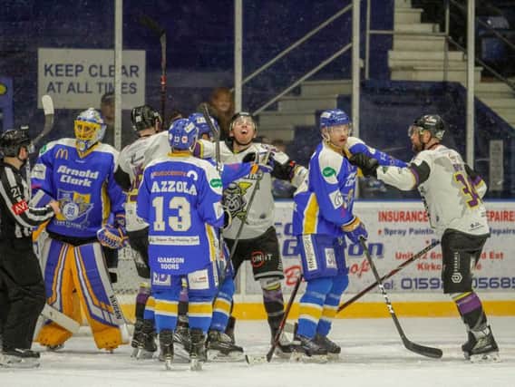 One of several flashpoints during the Fife Flyers v Manchester Storm game. Pic: Jillian McFarlane