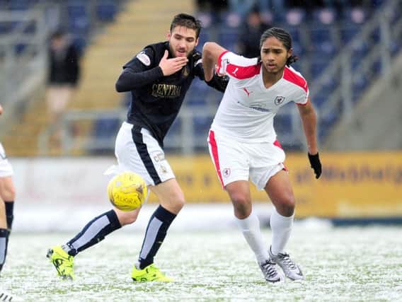 Harry Panayiotou, seen battling with Luke Leahy, made his first start for Raith in the 2-2 at Falkirk on February 13, 2016. Pic: Michael Gillen