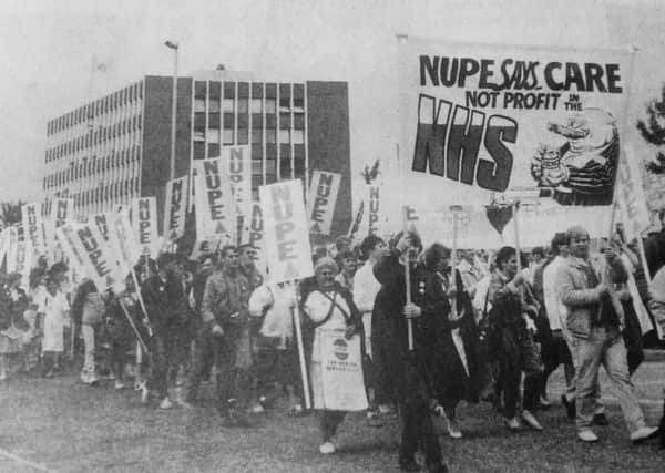Fife Free Press 1984 - demo by 2000 health union workers against plans by Fife Health Board to privatise catering and cleaning services
