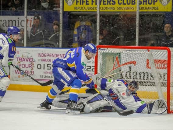 A big moment in the match as Marcus Basara is denied at point-blank range by Coventry netminder Matt Hackett. Pic: Jillian McFarlane