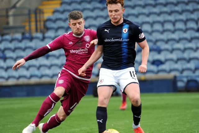 Dingwall vies for the ball with an Arbroath player