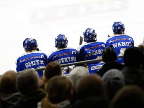 A familiar sight this season as local Fife players (from left) Chad Smith, Calum Robertson, Reece Cochrane and Chris Wands sit idle on the Flyers bench. Pic: Steve Gunn