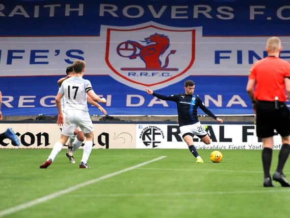 Craig McGuffie sends a strike towards goal that deflected into the net to complete the scoring for Raith Rovers. Pic: Fife Photo Agency