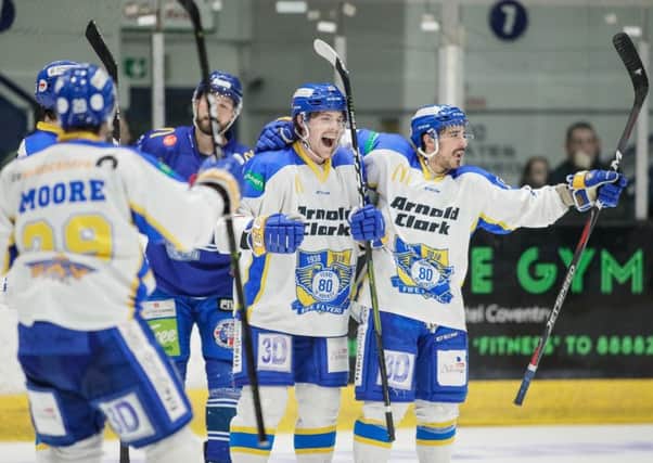 Fife Flyers celebrate victory at Coventry Blaze to wrap up a four-point weekend, February 2019 (Pic: Scott Wiggins)