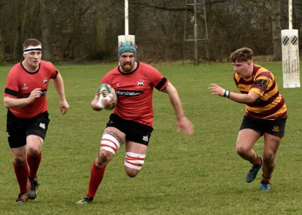 Gavin Emerson breaks out of defence supported by Lee Gartshore. Glenrothes 62-31 Ellon (pic: Brian Chalmers)