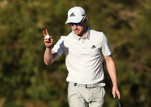 Connor Syme acknowledges the gallery at the gaining a place in the final 24 during day three of the ISPS Handa World Super 6 Perth - Picture by Getty