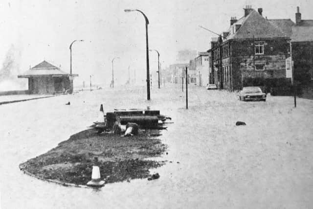 Flooding on Kirkcaldy Esplanade in March 1980, with the YMCA building visible on the right