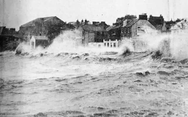 Massive waves crash over the seawall and onto the Esplanade at Kirkcaldy in March 1980.