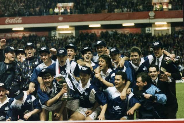 The Raith Rovers team celebrating winning the Coca-Cola Cup in November 1994 when they beat Celtic in the final.