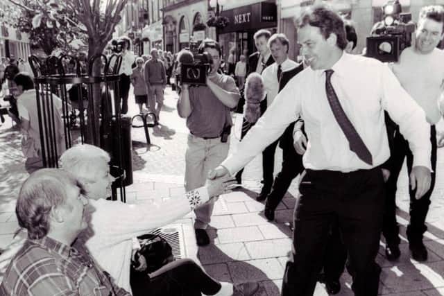 Leader of the Opposition Tony Blair meets shoppers on Kirkcaldy High Street in 1996 - he was elected prime minister the following year.