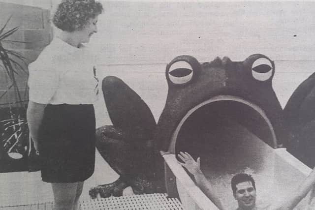 Reporter Colin Hume tries out the flume at the newly-opened Levenmouth Swimming Pool in February 1990.