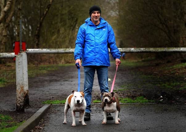 Gary with his dogs at the spot where he was run over. Pic by FPA