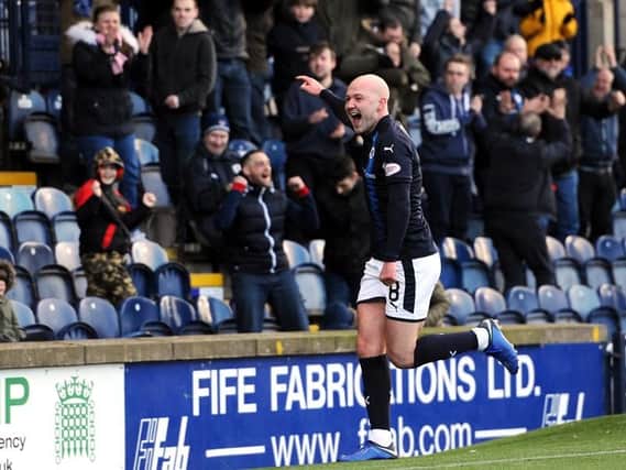 Grant Gillespie celebrates after scoring the Raith winner. Pic: Fife Photo Agency
