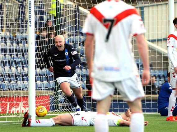 Raith midfielder Grant Gillespie scores the winner against Airdrie. Pic: Fife Photo Agency