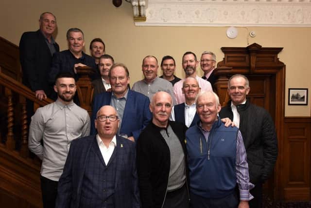Strathearn Hotel - Kirkcaldy  - RDS dinner - 'Rovers through the decades' - team photo of former Raith players with compere John Greer -  credit- Fife Photo Agency
