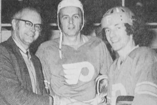 Fife Flyers 1974: Les Lovell (centre) and  Ally Brennan (right) join the Northern League's 200 Club - players who have scored 200 goals. They received a presentation from Bernard Stocks, vice president of the Northern Ice Hockey Association (NIHA)