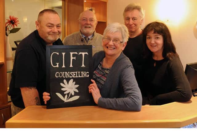 Fife Alcohol Support Service (FASS) is launching a new Gift Counselling Service - asking people to donate cash to help pay counselling fees for those who can't afford private sessions. From left: Donald Grieve, John Hamilton, Jim Bett and sitting Helen Bushnell, and Mhairi Owens. Pic: George McLuskie.
