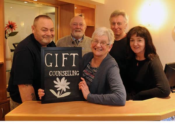 Fife Alcohol Support Service (FASS) is launching a new Gift Counselling Service - asking people to donate cash to help pay counselling fees for those who can't afford private sessions. From left: Donald Grieve, John Hamilton, Jim Bett and sitting Helen Bushnell, and Mhairi Owens. Pic: George McLuskie.